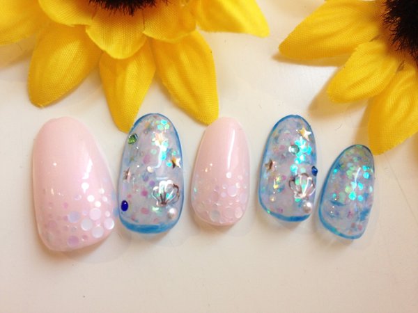 エクセレントネイル　西新店 ［福岡県/西新/姪浜］ 青シースルー×オーロラホロの海ネイル！ちゅるんとピンクで甘さもget