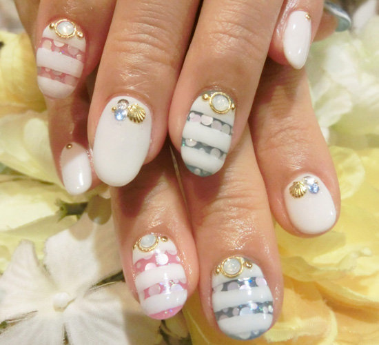 Beauty YOGASalon feel ～Nail～ ［大阪府/天満橋/谷町四丁目］ 【ボーダー×海】ショートネイル