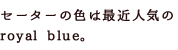 セーターの色は最近人気のroyal blue。