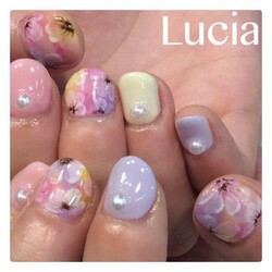 春カラーマーブル＆フラワージェルネイル|Lucia