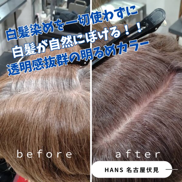 白髪染めを一切使わず「 白髪が自然にぼける！！」透明感カラー|美容室ＨＡＮＳ　名古屋　伏見