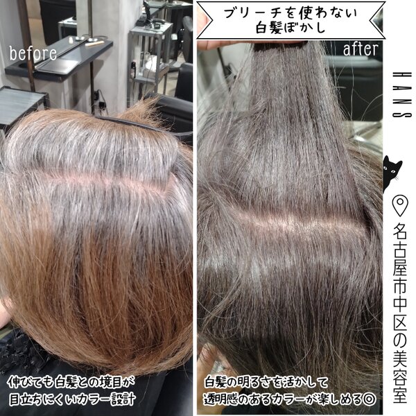 【白髪も染まるおしゃれ染め】ブリーチなしグレージュ|美容室ＨＡＮＳ　名古屋　伏見