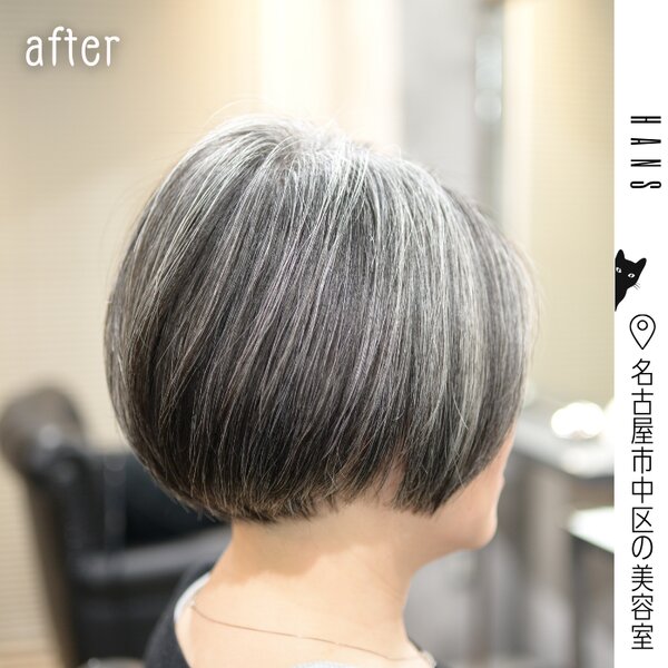 顎ライン×グレイヘアのすっきりとしたボブ|美容室ＨＡＮＳ　名古屋　伏見