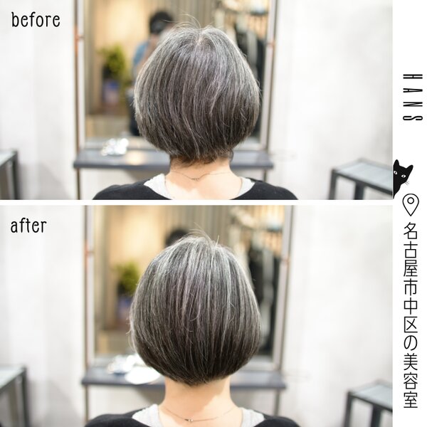 顎ライン×グレイヘアのすっきりとしたボブ|美容室ＨＡＮＳ　名古屋　伏見
