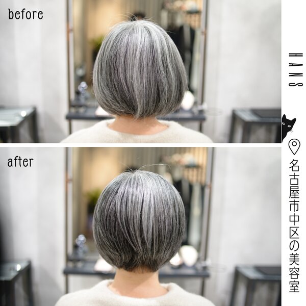前下がり×グレイヘアの顎したボブヘア|美容室ＨＡＮＳ　名古屋　伏見