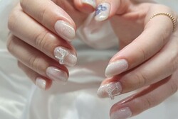 「ハンド 定額デザイン」カラーのサンドネイルで海にもオススメです^ ^ リボンで可愛らしさもプラスです！