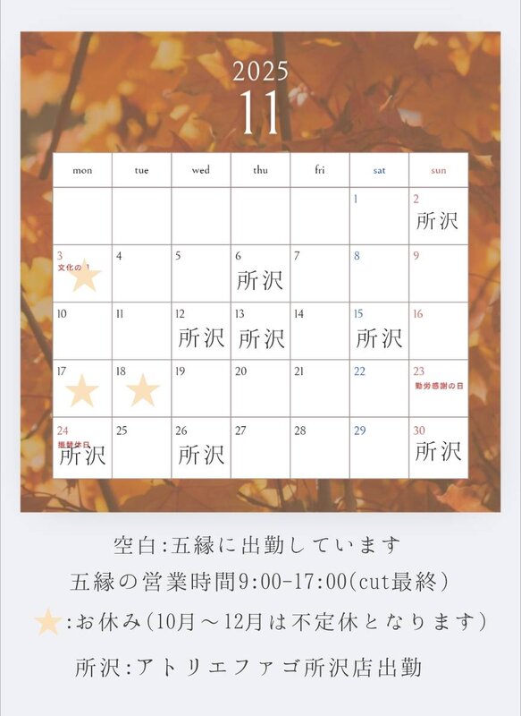 【11月】スタッフの出勤情報|プライベートヘアサロン 五縁