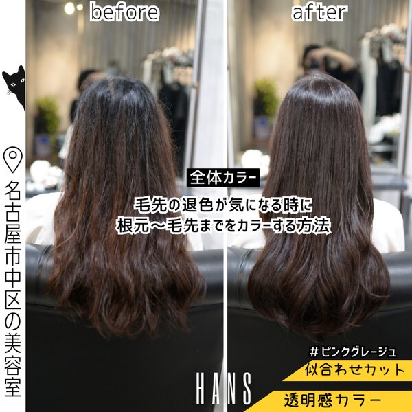 全体カラー｜退色した毛先にもカラーオンしてツヤ感UP◎|美容室ＨＡＮＳ　名古屋　伏見