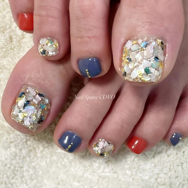 シェル埋込×補色カラーネイル|Nail Space COVO ネイルスペース コーヴォ
