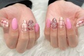 ハンド ライトコース「リボン」 ピンクカラーに変更してガーリーなチェックリボンネイルに|Nail Salon Linda