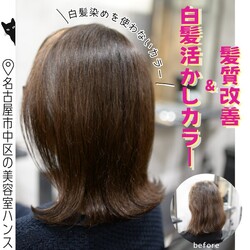 白髪活かしカラーと相性の良い髪質改善「美髪チャージ」|美容室ＨＡＮＳ　名古屋　伏見
