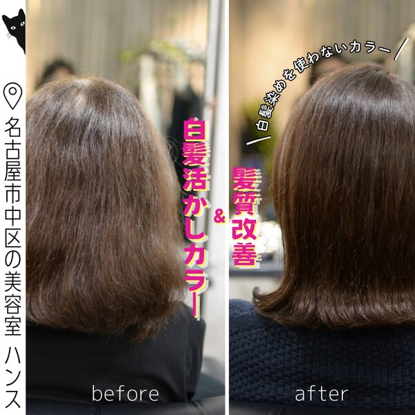白髪活かしカラーと相性の良い髪質改善「美髪チャージ」|美容室ＨＡＮＳ　名古屋　伏見