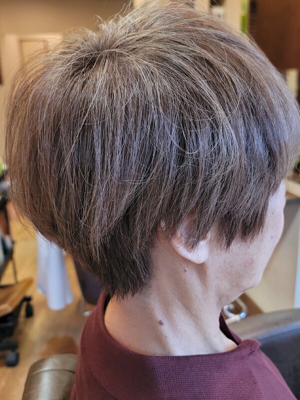 白髪率30%の白髪設計｜前下がりショート×ミルクティーグレージュ|hair Qril