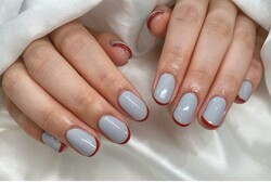 「ハンド フレンチネイル」グレーに赤を合わせたおしゃれな色の組み合わせです！|Nail Salon Linda