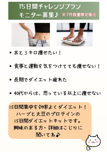 [アイキャッチ]【7月限定】15日ダイエットプログラムのモニター募集♪