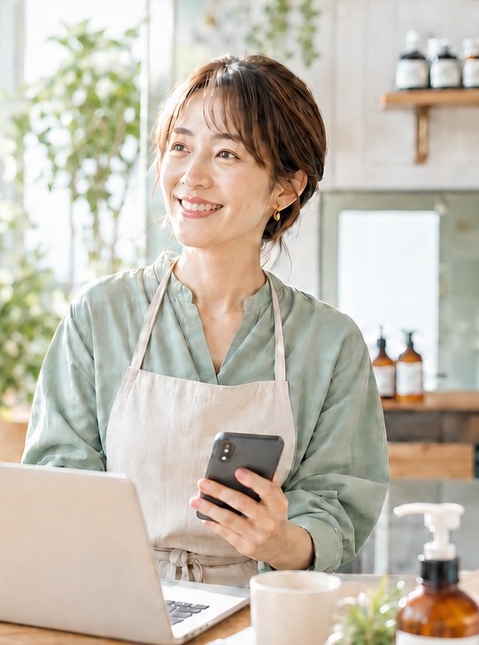 サロンでスマートフォンとノートパソコンを使う女性オーナー