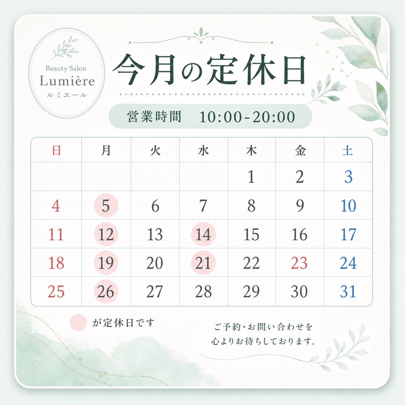 定休日のお知らせの例